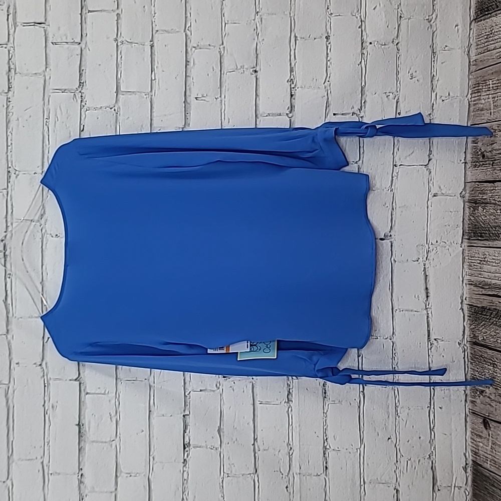 CeCe Flowy V-Neck Long Sleeve Bow Tie-Cuff Blouse in Tropic Night Blue - NWT - Picture 8 of 17